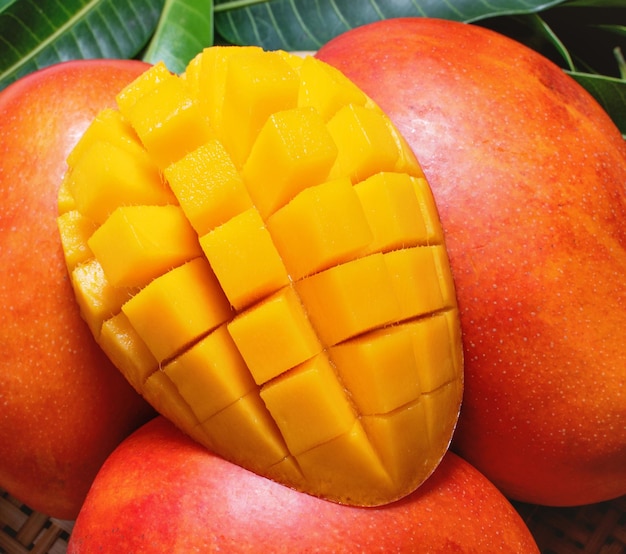 Frutta fresca e succosa di mango a dadini in cesto di bambù su sfondo di foglie verdi vista dall'alto primo piano spazio per la copia macro Concetto di estate tropicale