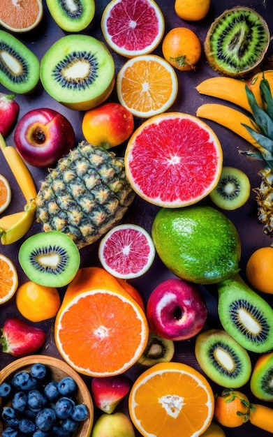 Frutta fresca frutta assortita sfondo coloratovitamine concetto di nutrizione naturale