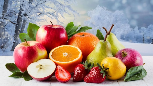 Frutta fresca sullo sfondo come concetto di alimentazione e dieta sana assortimento invernale vista superiore