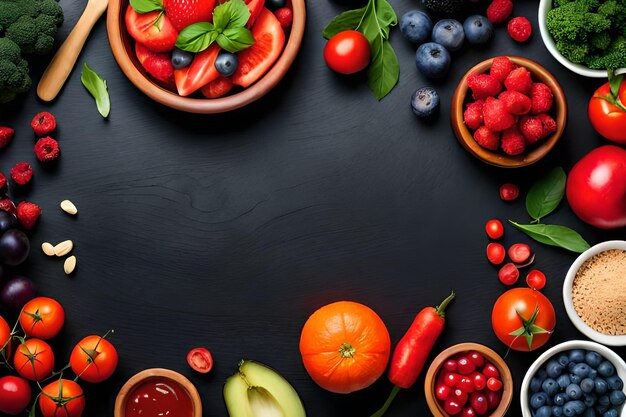 Frutta fresca verdura e frutti di bosco Su uno sfondo nero Banner Vista dall'alto Spazio libero per il tuo te