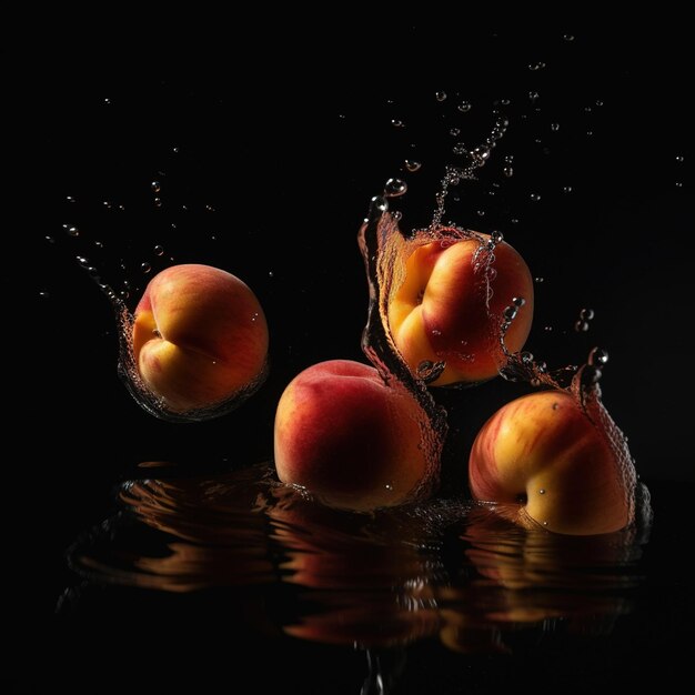 Frutta galleggiante sull'acqua contro uno sfondo nero Spruzzi d'acqua