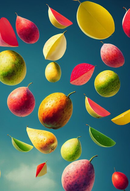 Frutta in caduta composizione sfondo mele arance e altri frutti Illustrazione 3D