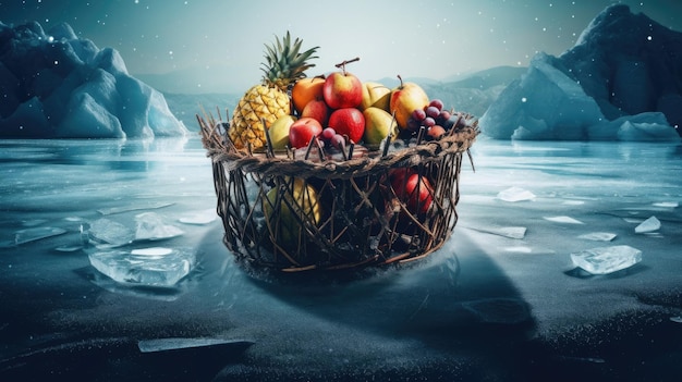 Frutta in cesto sul lago ghiacciato