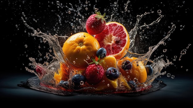 Frutta in una ciotola con spruzzi d'acqua