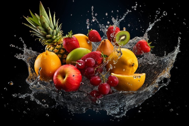Frutta in una ciotola con spruzzi d'acqua