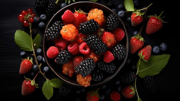 Frutta lampone su sfondo scuro vista dall'alto