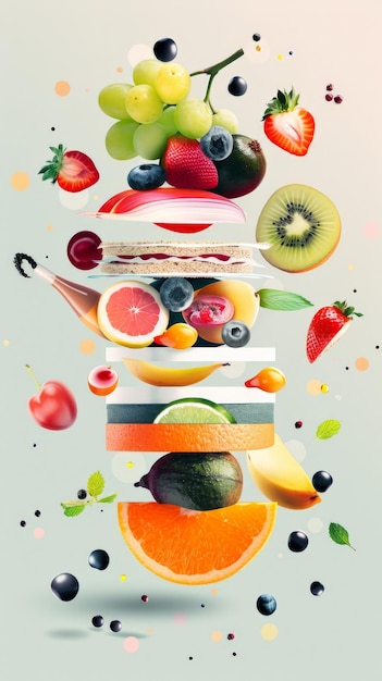 Frutta levitante e spuntini salutari con uno sfondo leggero Concetto di freschezza e nutrizione