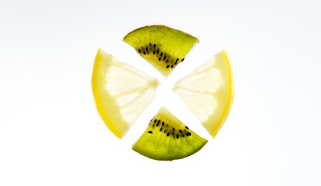 Frutta limone e kiwi tagliati a fette su sfondo bianco