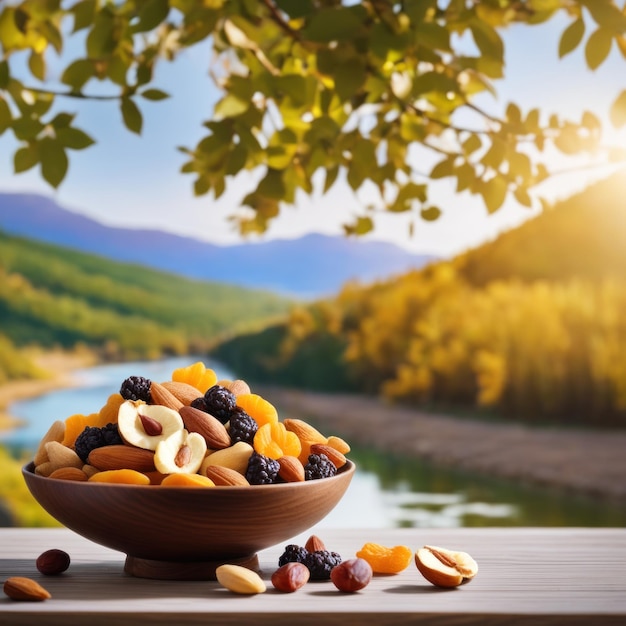 frutta secca in una ciotola sul tavolo sfocato bellissimo sfondo naturale