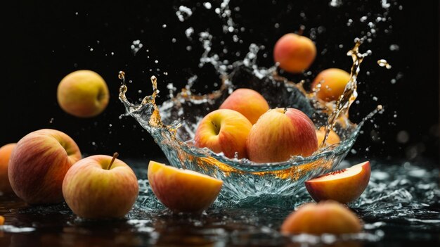 frutta spruzzata d'acqua su uno sfondo nero vino albicocca e mela di pesca