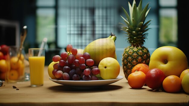 Frutta su un tavolo di legno con un bicchiere di succo sullo sfondo dell'intelligenza artificiale generativa