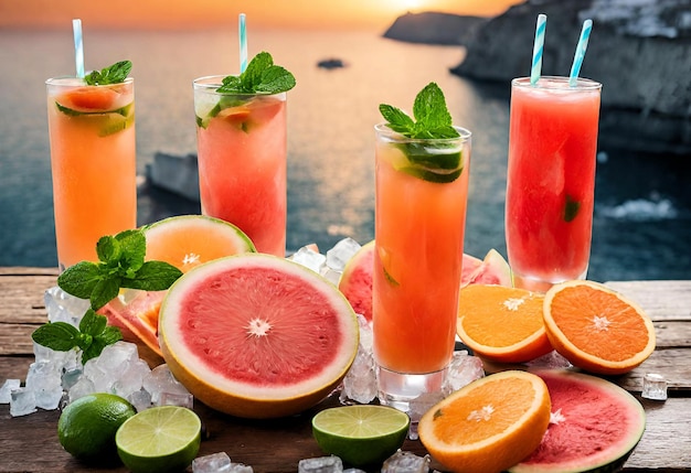 Frutta succosa lime arancione pompelmo vista mare bicchieri con succo fresco