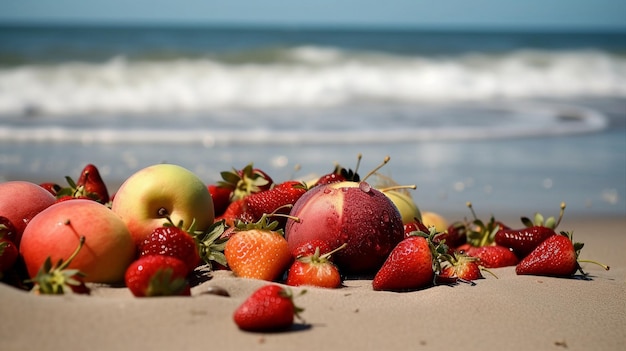 Frutta sulla spiaggia con l'oceano sullo sfondo