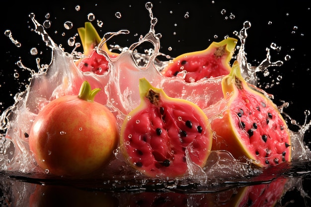 Frutta tagliata che cade nell'acqua prodotto vetrina illustrazione sfondo nero