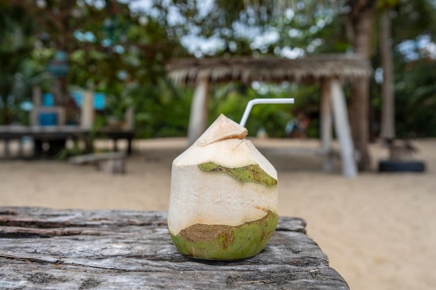 Frutta tropicale di cocco sulla spiaggia nell'isola di Koh Phangan vicino al mare Thailandia Primo piano