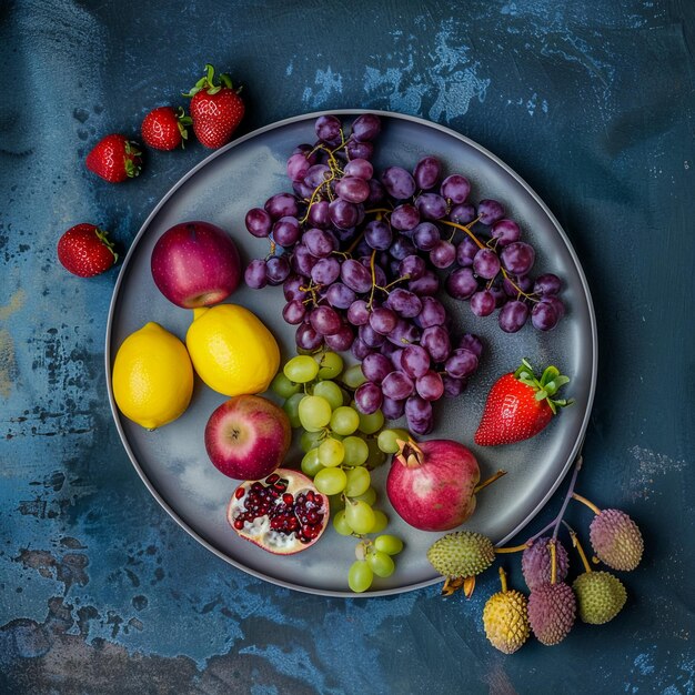 Frutta uva viola fragole mele limoni melograni litchi uno ciascuno su un piatto fotografia top view blender