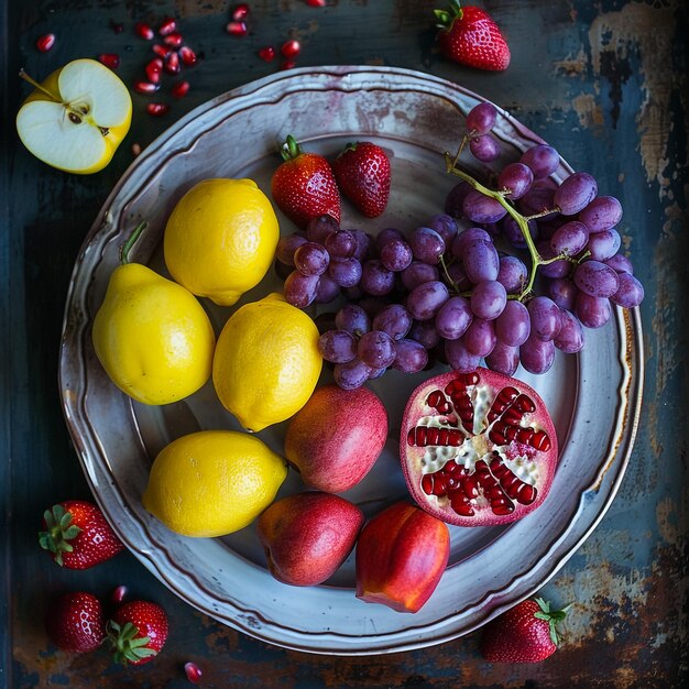 Frutta uva viola fragole mele limoni melograni litchi uno ciascuno su un piatto fotografia top view blender