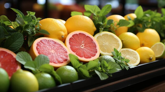 Frutti agrumi limone lime pompelmo e arancia sia a metà che a frutta intera con foglie AI generativa