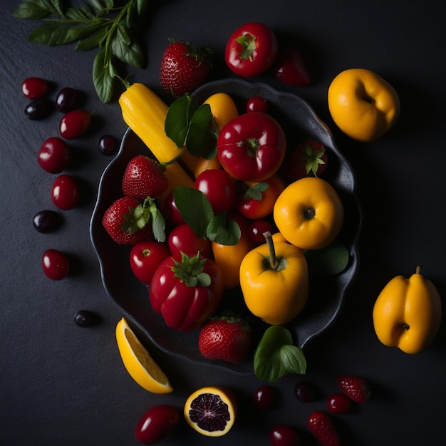 frutti ammucchiati su un piatto in cucina visto a lato v4