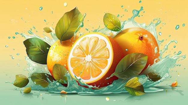 Frutti arancioni nel flusso di spruzzi d'acqua Illustrazione di un prodotto succoso con fette d'arancia IA generativa