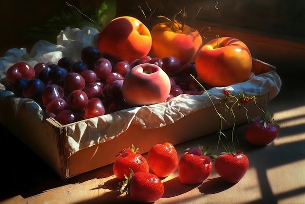 Frutti della stagione estiva disposti pittoricamente dipinti con colori naturali e tenui all'illuminazione dello studio generata da Ia