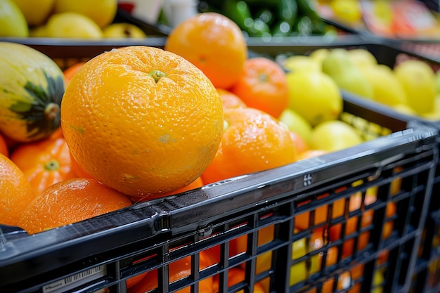 Frutti di agrumi freschi esposti in cesto nero in un negozio di alimentari Closeup di arance colorate