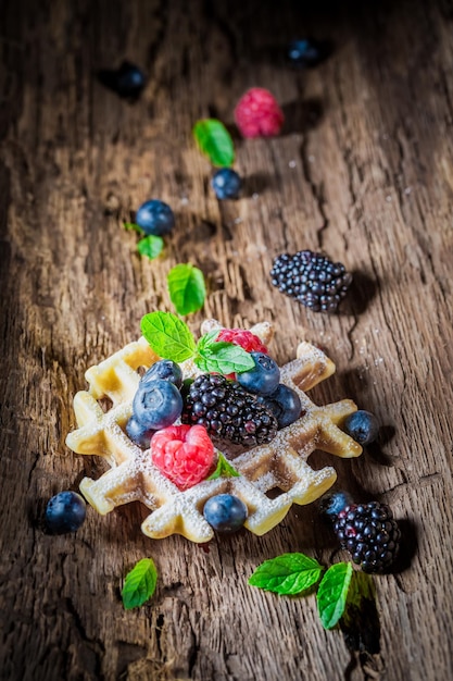 Frutti di bosco freschi e gustosi con cialde su corteccia di legno