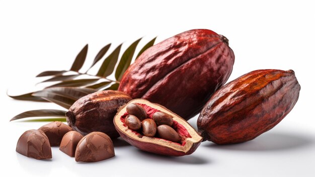 frutti di cacao freschi isolati su bianco