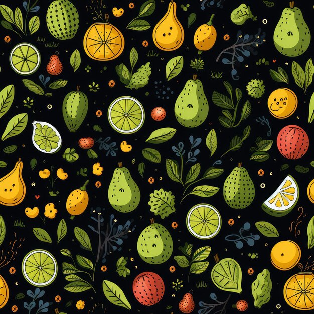 Frutti di Doodle La frutta tropicale naturale scarabocchia l'arancia di agrumi e il limone vitaminico Mela da cucina vegana disegnata a mano