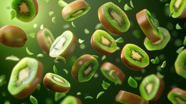 Frutti di kiwi con adesivo Kiwi interi e tritati isolati su uno sfondo verde