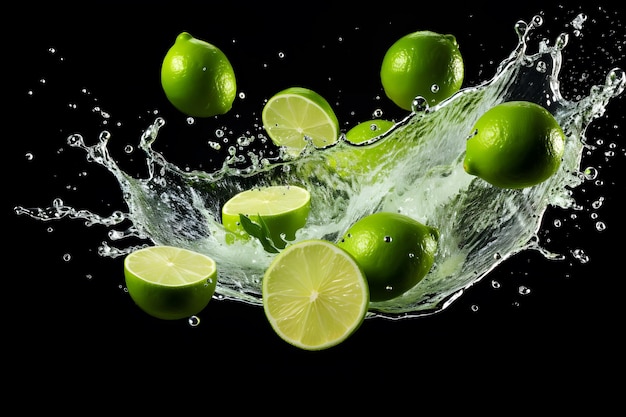 frutti di lime che cadono nell'illustrazione della vetrina del prodotto dell'acqua