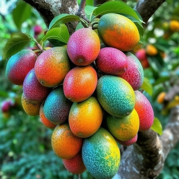 Frutti di mango maturi e crudi sull'albero in primo piano del frutteto Generativo Ai