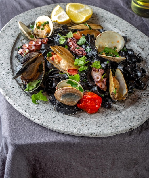 Frutti di mare fettuccine nere fehttuchini pasta nera con calamari polpo vongole cozze su lastra di pietra vai