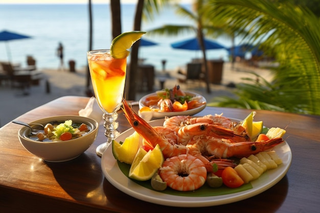 Frutti di mare freschi crudi calamari gamberi ostriche cozze pesce con spezie di erbe limone su un blu chiaro