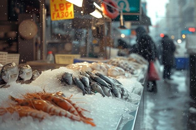 Frutti di mare freschi sul ghiaccio al mercato con visualizzazione generata dall'AI