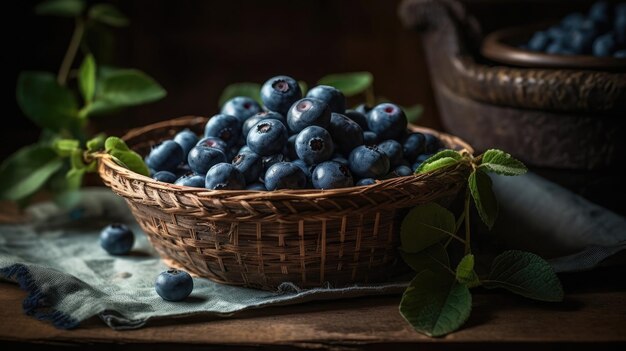 Frutti di mirtillo in un cesto con sfocatura dello sfondo e buona vista