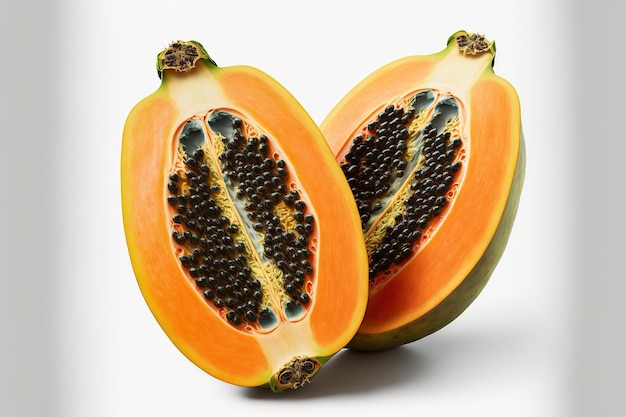 Frutti di papaya a metà su uno sfondo bianco