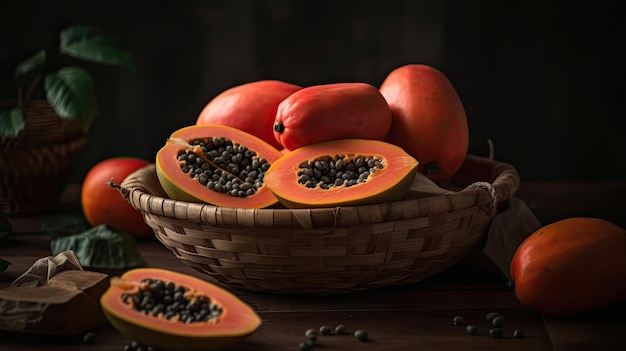 Frutti di papaya in un cesto di bambù con sfondo sfocato