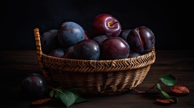 Frutti di prugna in un cesto di bambù con sfocatura dello sfondo