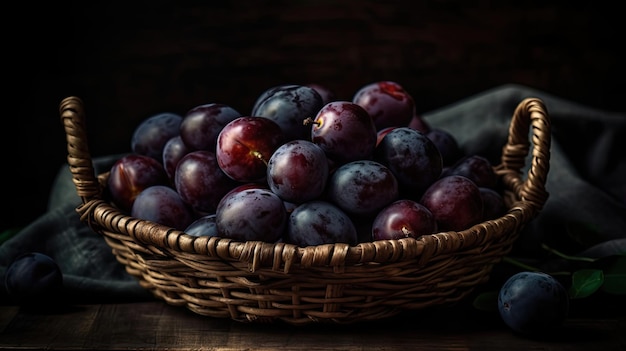 Frutti di prugna in un cesto di bambù con sfondo sfocato