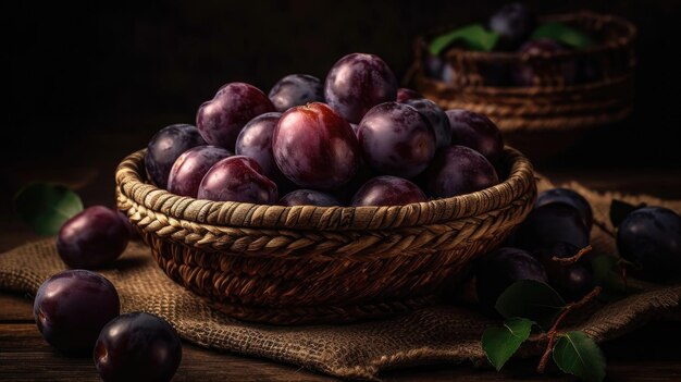 Frutti di prugna in un cesto di bambù con sfondo sfocato