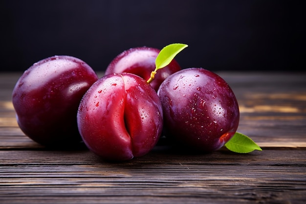 Frutti di prugne fresche prugne mature su sfondo di legno