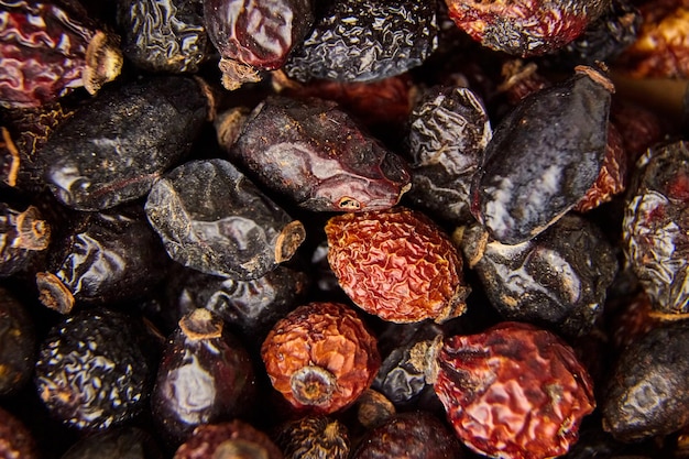 Frutti di rosa canina essiccati per la vista dall'alto del fondo dell'alimento della tisana