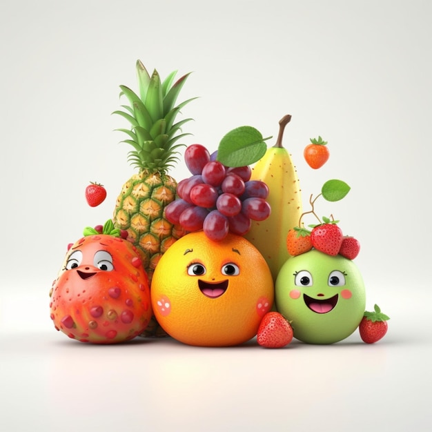 Frutti divertenti animati 3d con carini frutti carini cartone animato fondo bianco
