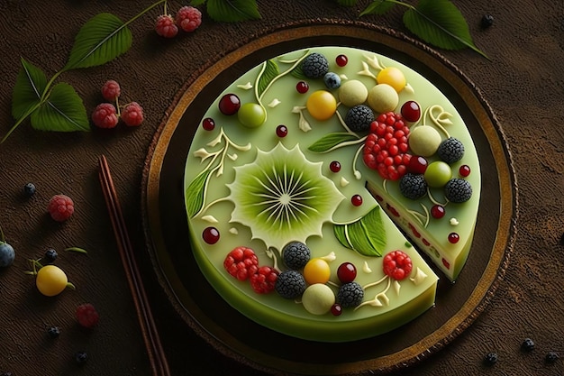 Frutti e bacche verde brillante su torta shu da dessert tradizionale cinese creata con intelligenza artificiale generativa