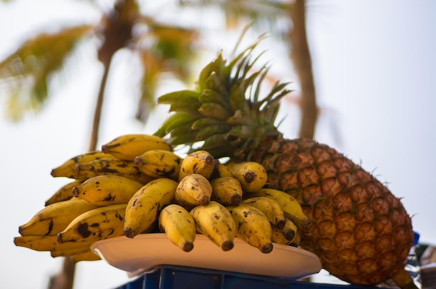 Frutti esotici su uno sfondo di palme e la riva Un picnic in un paese tropicale sulla spiaggia