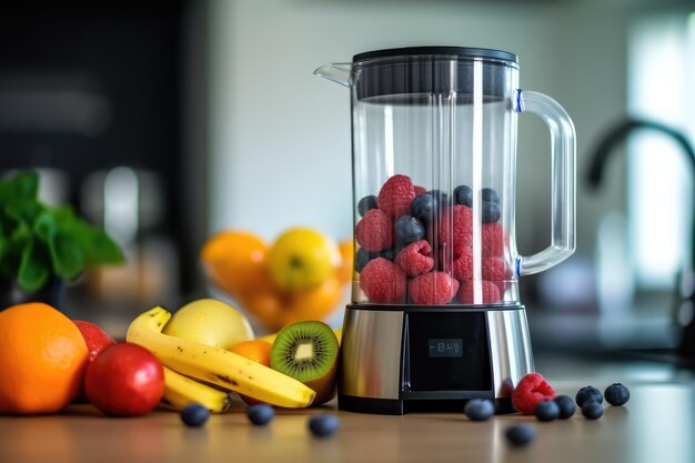 frutti sani vicino al frullatore nella cucina moderna fotografia alimentare professionale