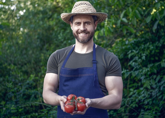 Fruttivendolo uomo in cappello di paglia con mazzetto di pomodoro vegetariano