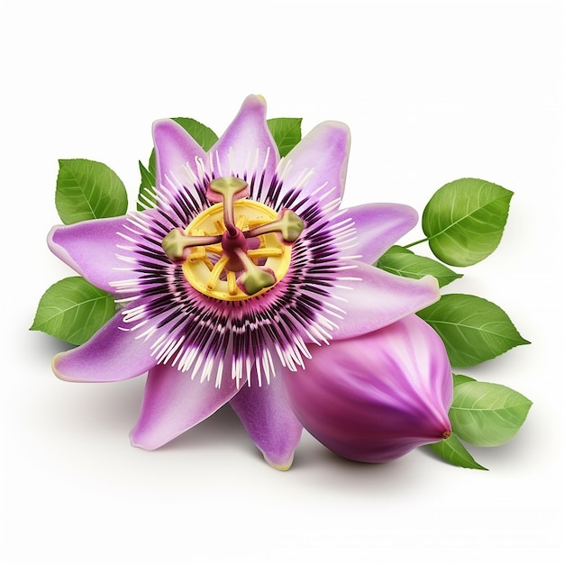 Frutto della passione Passiflora edulis con foglie isolate.