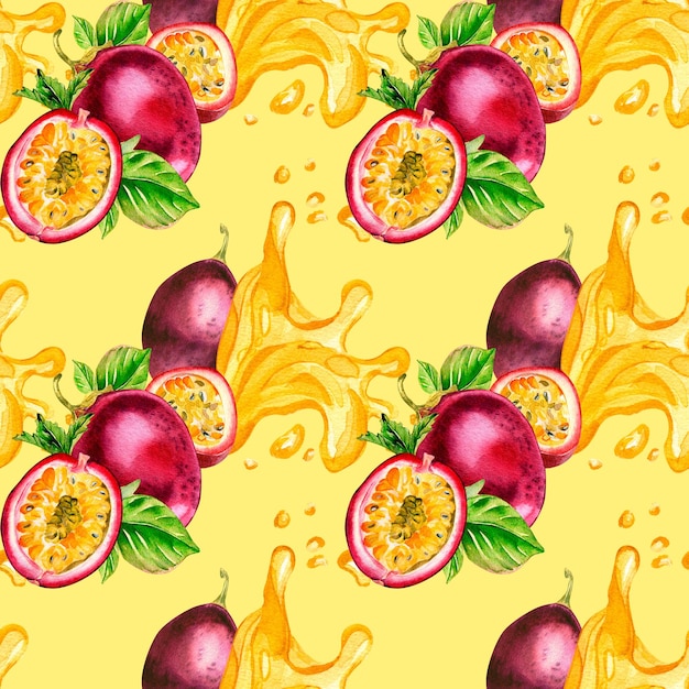 Frutto della passione viola e motivo senza cuciture dell'acquerello del succo della spruzzata isolato su fondo giallo